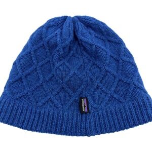 Patagonia Wool Blend Beanie Hat Blue Cable Knit Winter Warm Skiing
